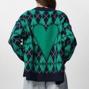 Anthropologie SAACHI Oversized Grandpa Argyle Heart Cardigan Statement Sweater